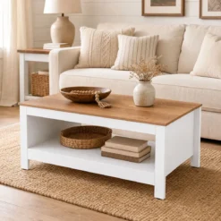 Couchtisch mit Stauraum 2-stufiger Wohnzimmertisch 105 x 60 x 46 cm Weiß