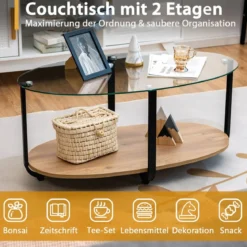 Couchtisch mit Tischplatte aus gehärtetem Glas & wasserdichtem Holzregal Natur