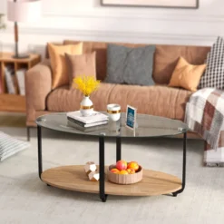 Couchtisch mit Tischplatte aus gehärtetem Glas & wasserdichtem Holzregal Natur