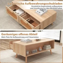 Couchtisch Rattan Wohnzimmertisch mit 2 Schubladen Kaffeetisch 100 x 50 x 41 cm Natur