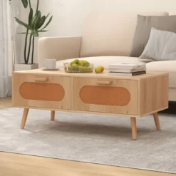 Couchtisch Rattan Wohnzimmertisch mit 2 Schubladen Kaffeetisch 100 x 50 x 41 cm Natur