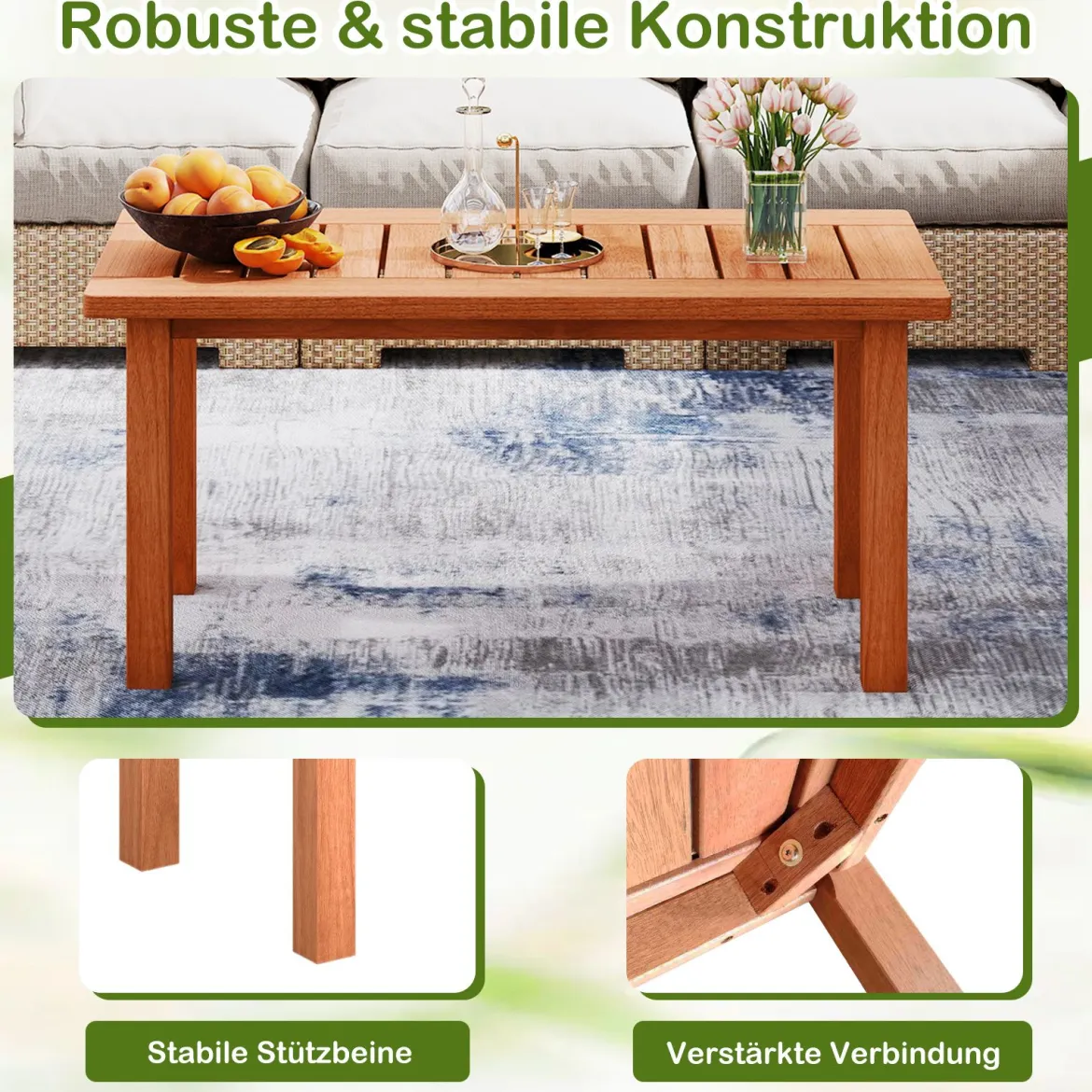 Couchtisch rechteckiger Kaffeetisch aus Holz mit Lattenrost-Tischplatte Indoor Natur 90 x 45 x 43,5cm