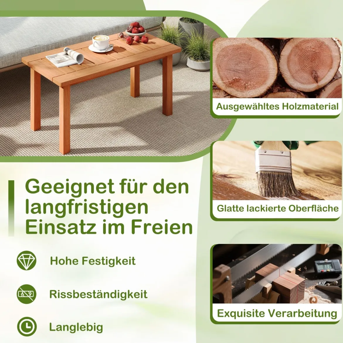 Couchtisch rechteckiger Kaffeetisch aus Holz mit Lattenrost-Tischplatte Indoor Natur 90 x 45 x 43,5cm