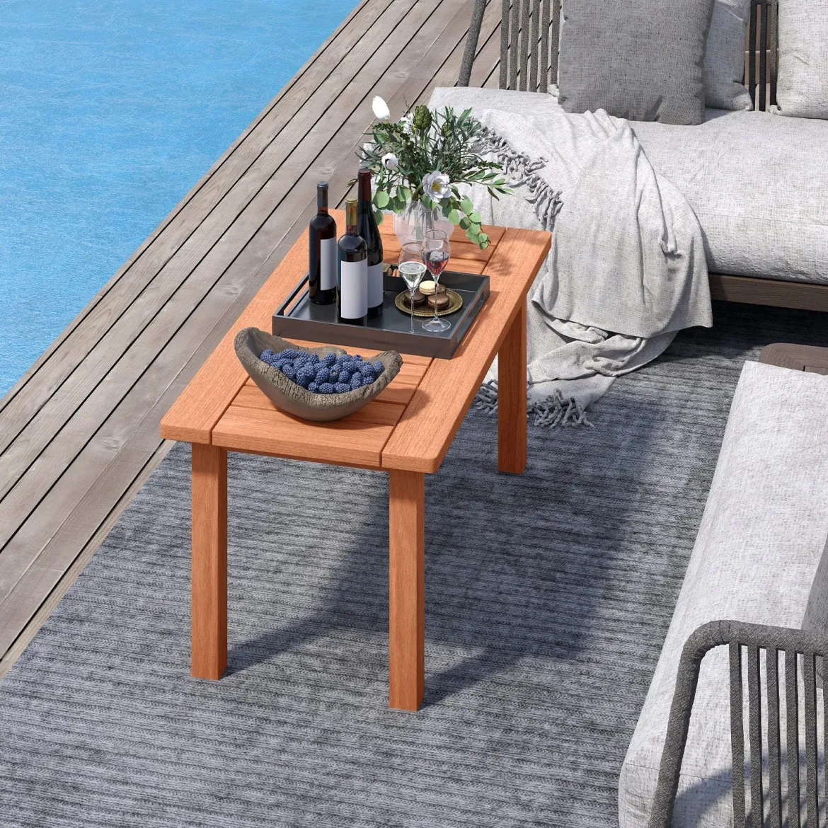 Couchtisch rechteckiger Kaffeetisch aus Holz mit Lattenrost-Tischplatte Indoor Natur 90 x 45 x 43,5cm