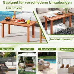 Couchtisch rechteckiger Kaffeetisch aus Holz mit Lattenrost-Tischplatte Indoor Natur 90 x 45 x 43,5cm