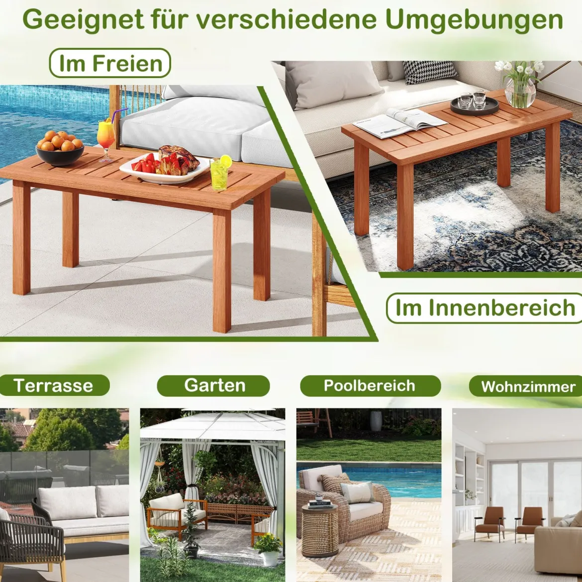 Couchtisch rechteckiger Kaffeetisch aus Holz mit Lattenrost-Tischplatte Indoor Natur 90 x 45 x 43,5cm
