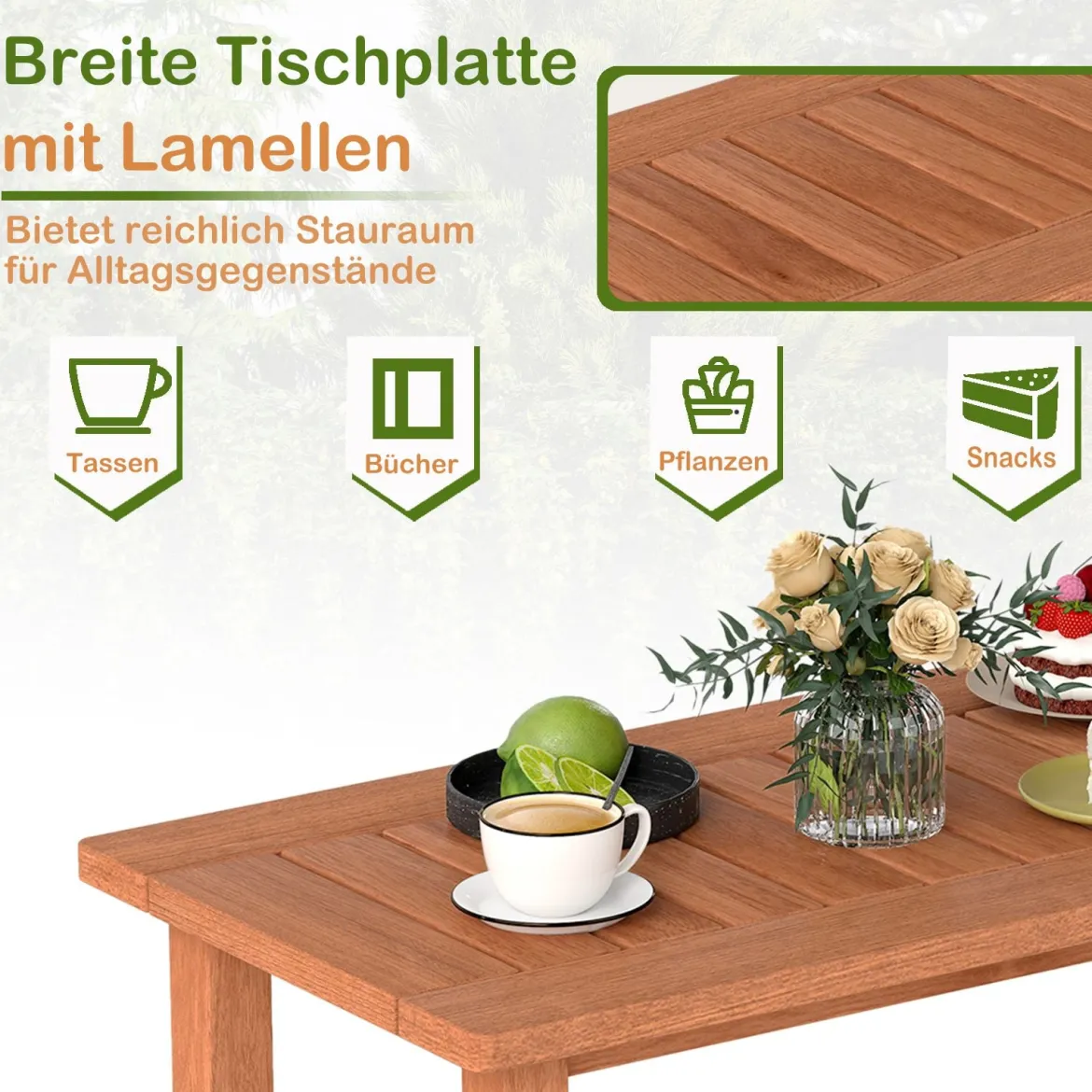 Couchtisch rechteckiger Kaffeetisch aus Holz mit Lattenrost-Tischplatte Indoor Natur 90 x 45 x 43,5cm