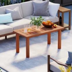 Couchtisch rechteckiger Kaffeetisch aus Holz mit Lattenrost-Tischplatte Indoor Natur 90 x 45 x 43,5cm