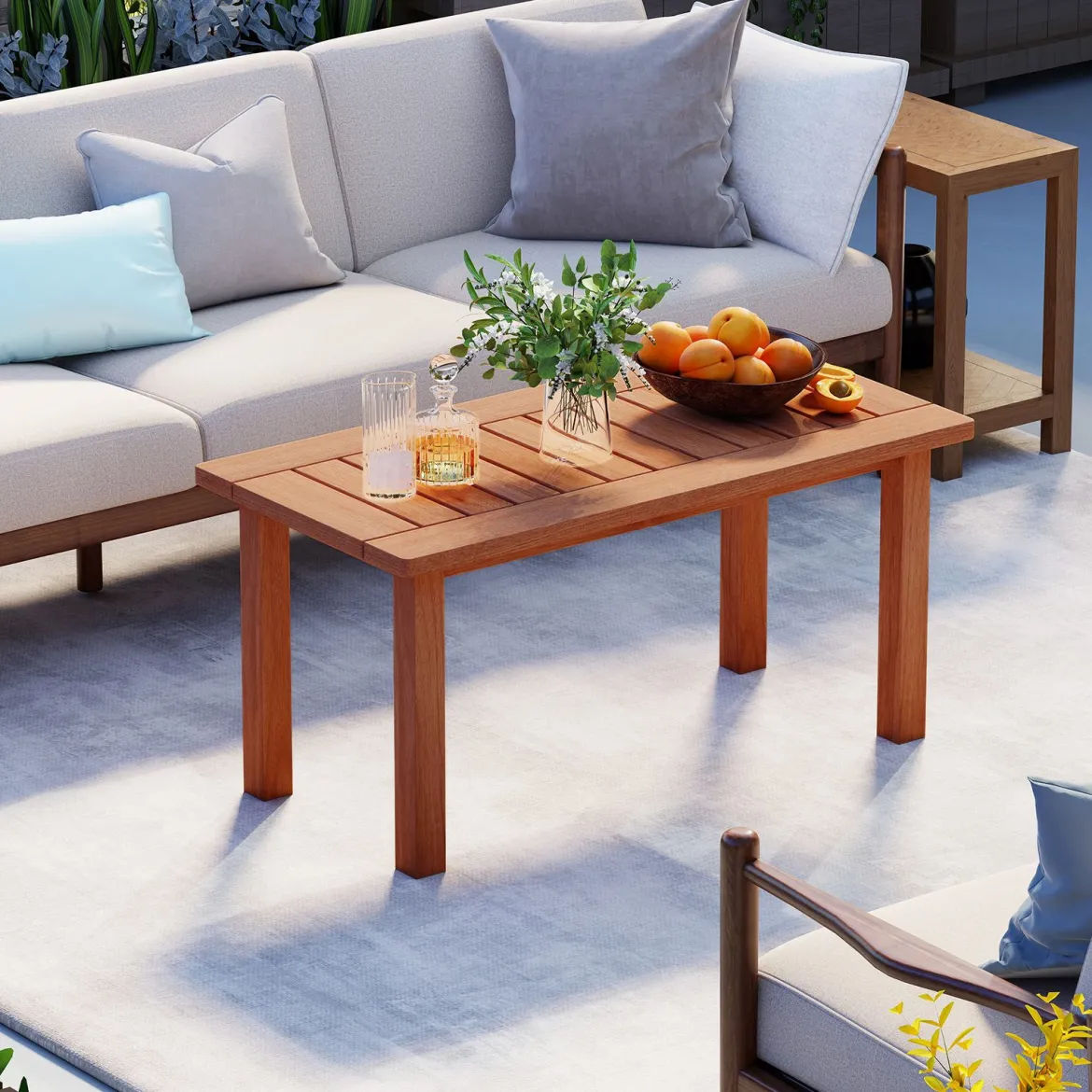 Couchtisch rechteckiger Kaffeetisch aus Holz mit Lattenrost-Tischplatte Indoor Natur 90 x 45 x 43,5cm