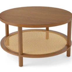 Couchtisch Rund Ø80 cm Wohnzimmertisch Holz mit Glasplatte PE-Rattan-Ablage & Massiven Holzbeinen