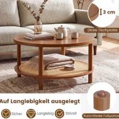 Couchtisch Rund Ø80 cm Wohnzimmertisch Holz mit Glasplatte PE-Rattan-Ablage & Massiven Holzbeinen
