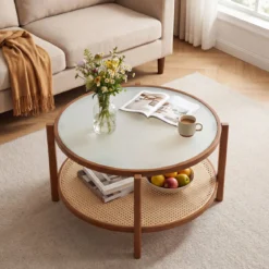Couchtisch Rund 2-Ebenen Wohnzimmertisch Holz mit Glasplatte & Rattan Ablage Walnuss