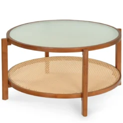 Couchtisch Rund 2-Ebenen Wohnzimmertisch Holz mit Glasplatte & Rattan Ablage Walnuss
