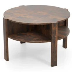 Couchtisch Rund mit Stauraum Wohnzimmertisch Holz mit 4 Regalen Kaffeetisch Beistelltisch für Wohnzimmer Braun