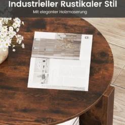 Couchtisch Rund mit Stauraum Wohnzimmertisch Holz mit 4 Regalen Kaffeetisch Beistelltisch für Wohnzimmer Braun