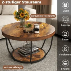 Couchtisch rund Sofatisch Holz mit 2 Ebenen & Metallrahmen Wohnzimmertisch Kafeetisch Natur/Rustikales Braun/Weiß