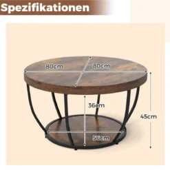 Couchtisch rund Sofatisch Holz mit 2 Ebenen & Metallrahmen Wohnzimmertisch Kafeetisch Natur/Rustikales Braun/Weiß