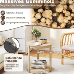 Couchtisch rund Wohnzimmertisch mit 2 Ebenen Sofatisch Gummiholz Kafeetisch Beistelltisch im Landhaus Eiche