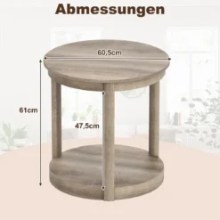 Couchtisch rund Wohnzimmertisch mit 2 Ebenen Sofatisch Gummiholz Kafeetisch Beistelltisch im Landhaus Grau