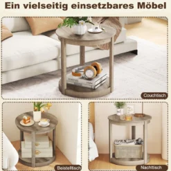 Couchtisch rund Wohnzimmertisch mit 2 Ebenen Sofatisch Gummiholz Kafeetisch Beistelltisch im Landhaus Grau