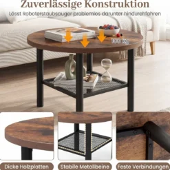 Couchtisch Rund Wohnzimmertisch mit Offenem Regal Sofatisch 60 x 60 x 42 cm Rustikalbraun