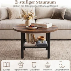 Couchtisch Rund Wohnzimmertisch mit Offenem Regal Sofatisch 60 x 60 x 42 cm Rustikalbraun
