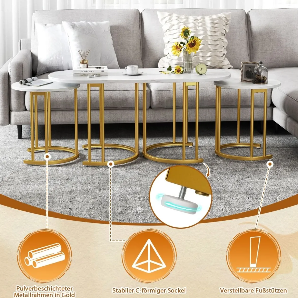 Couchtisch-Set mit 3 Tischen Stapelbare Beistelltische Ovaler Couchtisch & 2 Runde Beistelltische