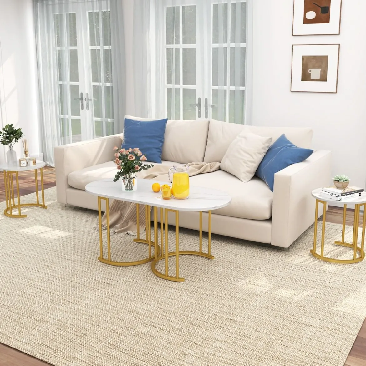Couchtisch-Set mit 3 Tischen Stapelbare Beistelltische Ovaler Couchtisch & 2 Runde Beistelltische