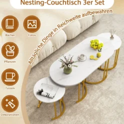 Couchtisch-Set mit 3 Tischen Stapelbare Beistelltische Ovaler Couchtisch & 2 Runde Beistelltische