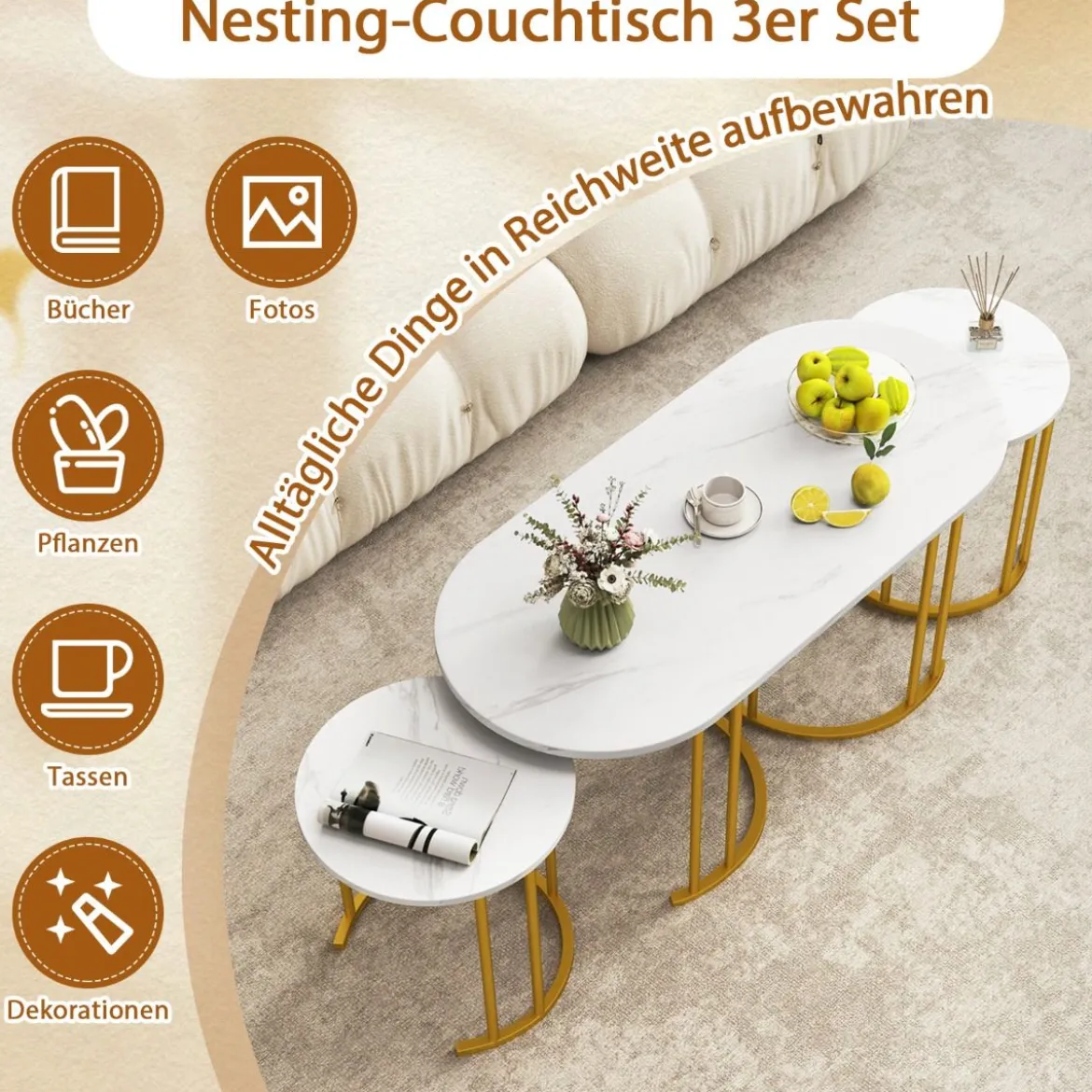 Couchtisch-Set mit 3 Tischen Stapelbare Beistelltische Ovaler Couchtisch & 2 Runde Beistelltische