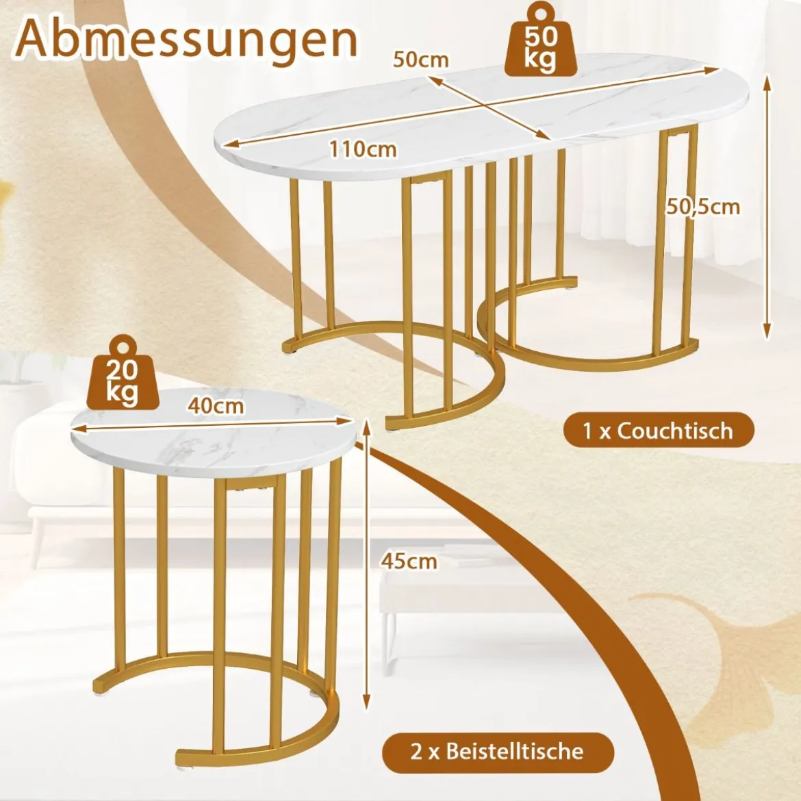 Couchtisch-Set mit 3 Tischen Stapelbare Beistelltische Ovaler Couchtisch & 2 Runde Beistelltische