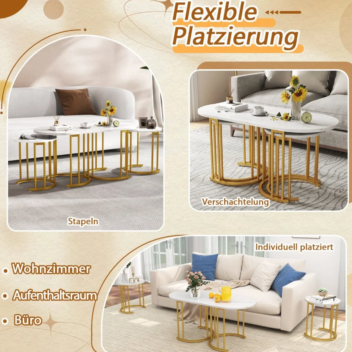 Couchtisch-Set mit 3 Tischen Stapelbare Beistelltische Ovaler Couchtisch & 2 Runde Beistelltische