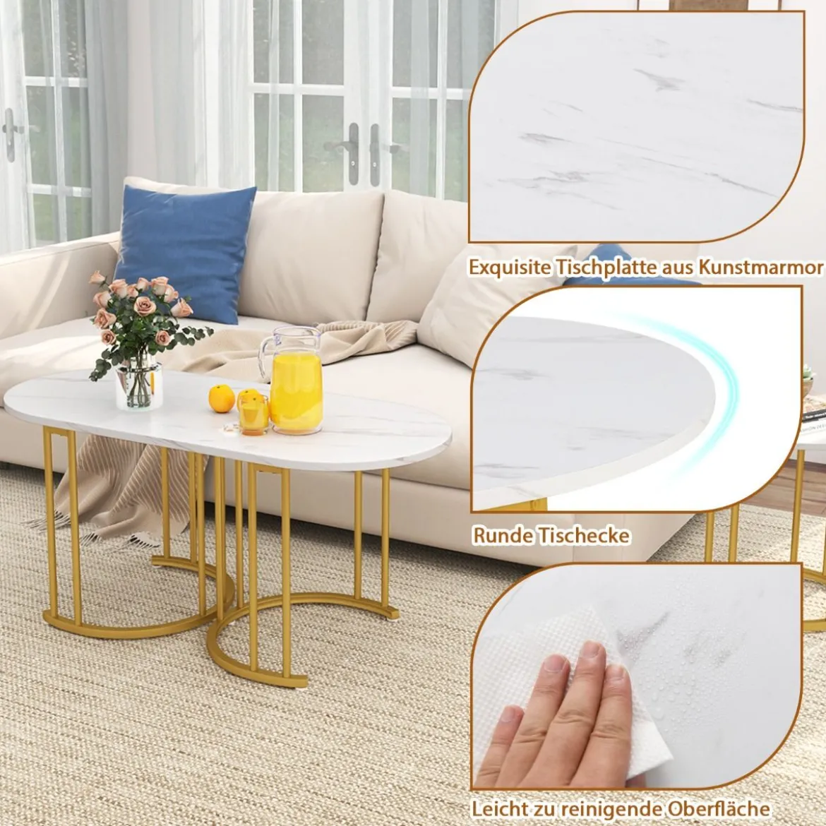 Couchtisch-Set mit 3 Tischen Stapelbare Beistelltische Ovaler Couchtisch & 2 Runde Beistelltische