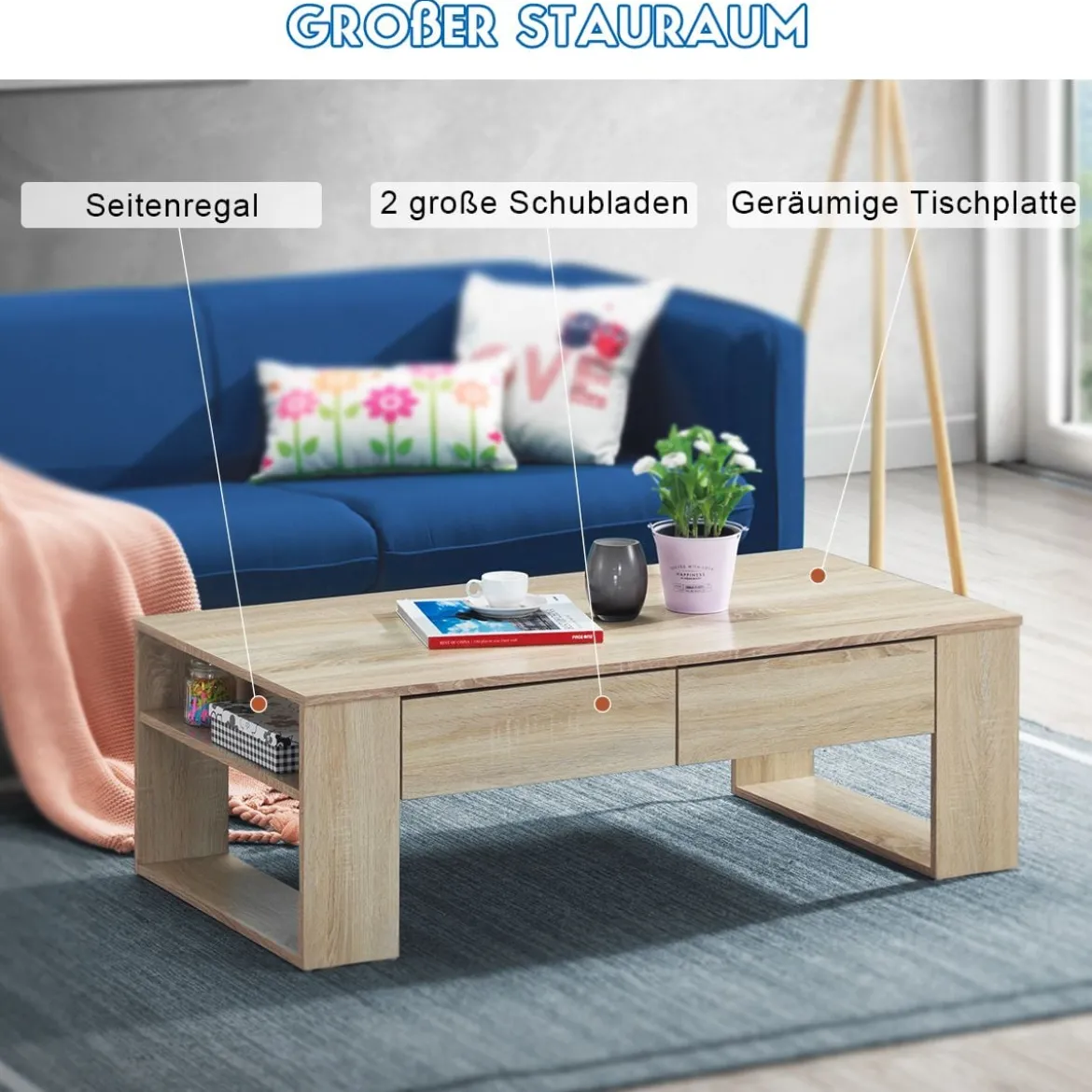 Couchtisch Sofatisch Beistelltisch Kaffeetisch Wohnzimmertisch mit Schubladen 120 x 60 x 40 cm