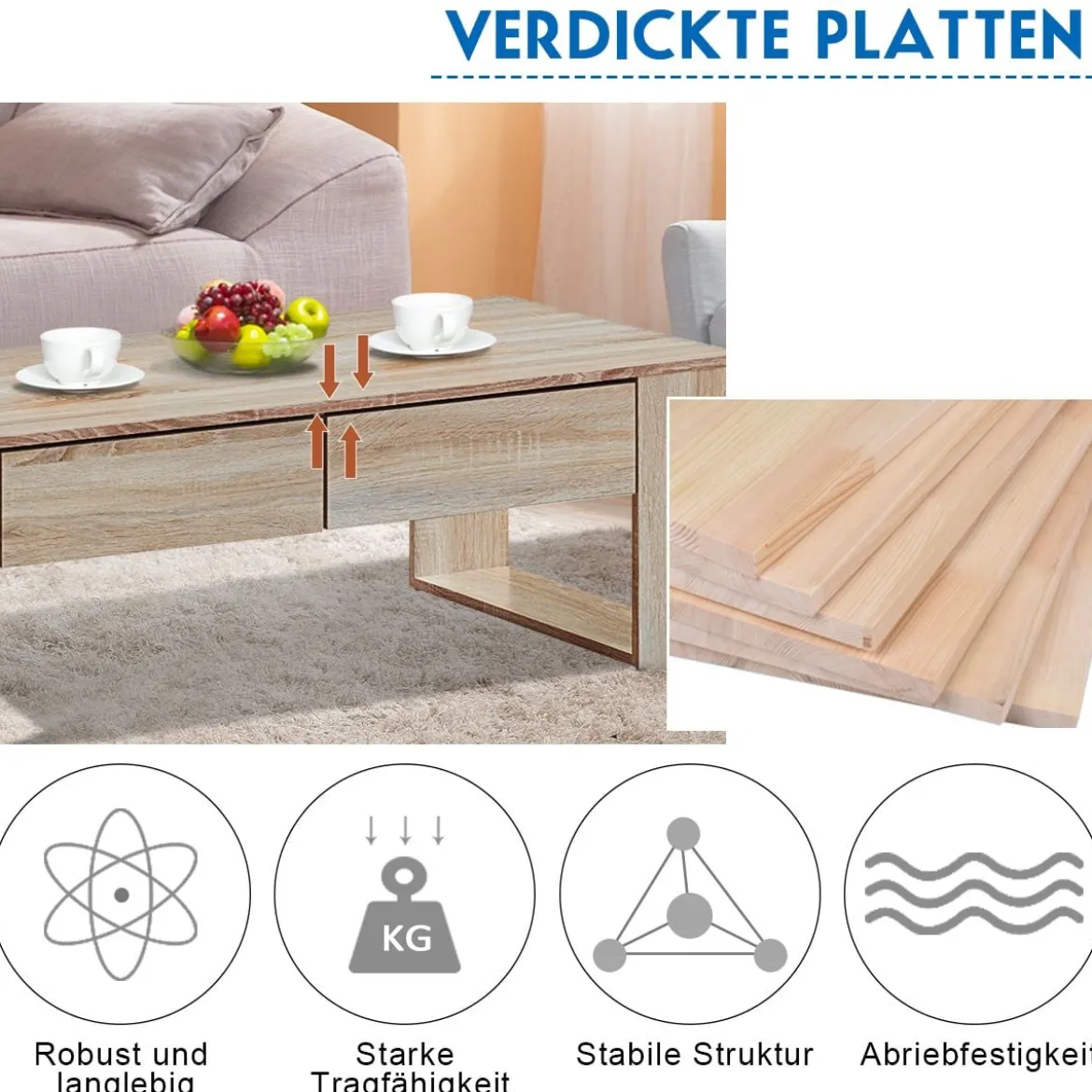 Couchtisch Sofatisch Beistelltisch Kaffeetisch Wohnzimmertisch mit Schubladen 120 x 60 x 40 cm