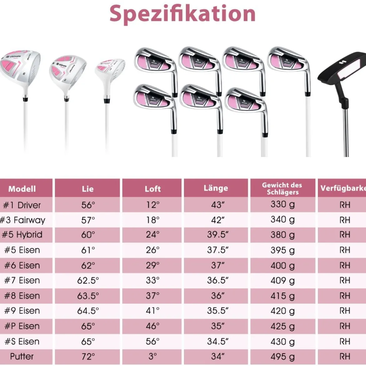 Damen Golfschläger Set 11 teilige Golfschlägersätze rechtshändig mit Regenhaube Rosa
