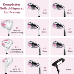 Damen Golfschläger Set 11 teilige Golfschlägersätze rechtshändig mit Regenhaube Rosa