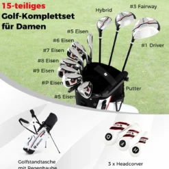 Damen Komplett Golfschläger Set 15 Teilges Golf Set Rechtshänder mitGolftasche & Regenhaube Rot