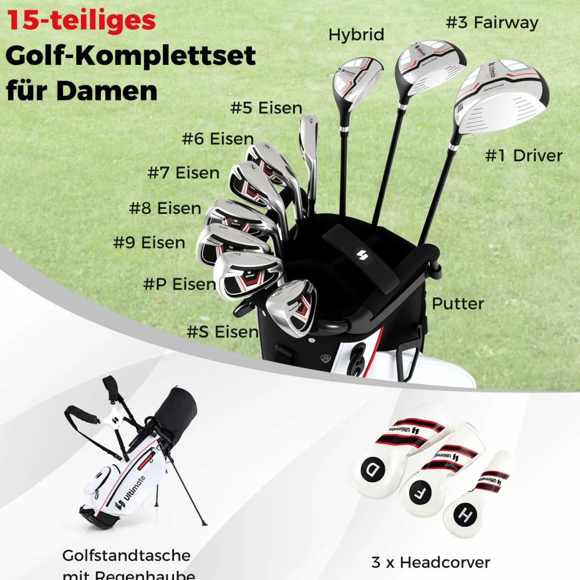 Damen Komplett Golfschläger Set 15 Teilges Golf Set Rechtshänder mitGolftasche & Regenhaube Rot