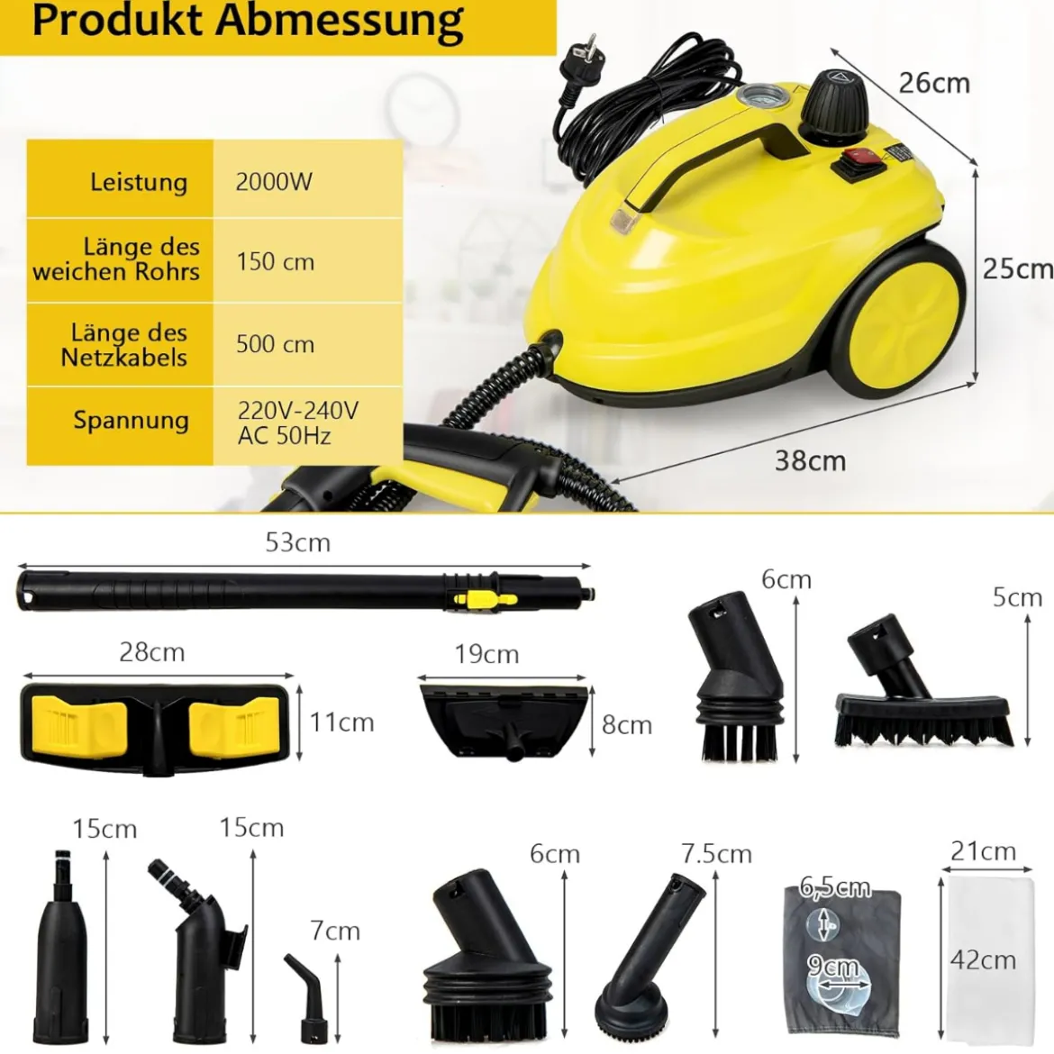 Dampfreiniger Flächenleistung: 108 m² Dampfdruck: 5 bar 1,8 L Wassertank