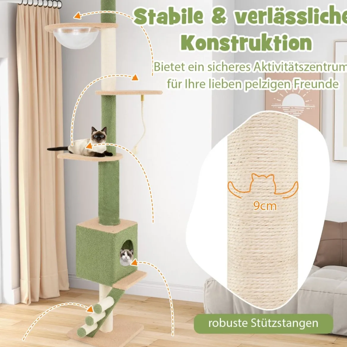 Deckenhoch Kratzbaum 5-stöckiger Katzenbaum mit Katzenhöhle & Raumkapsel 218-253 cm