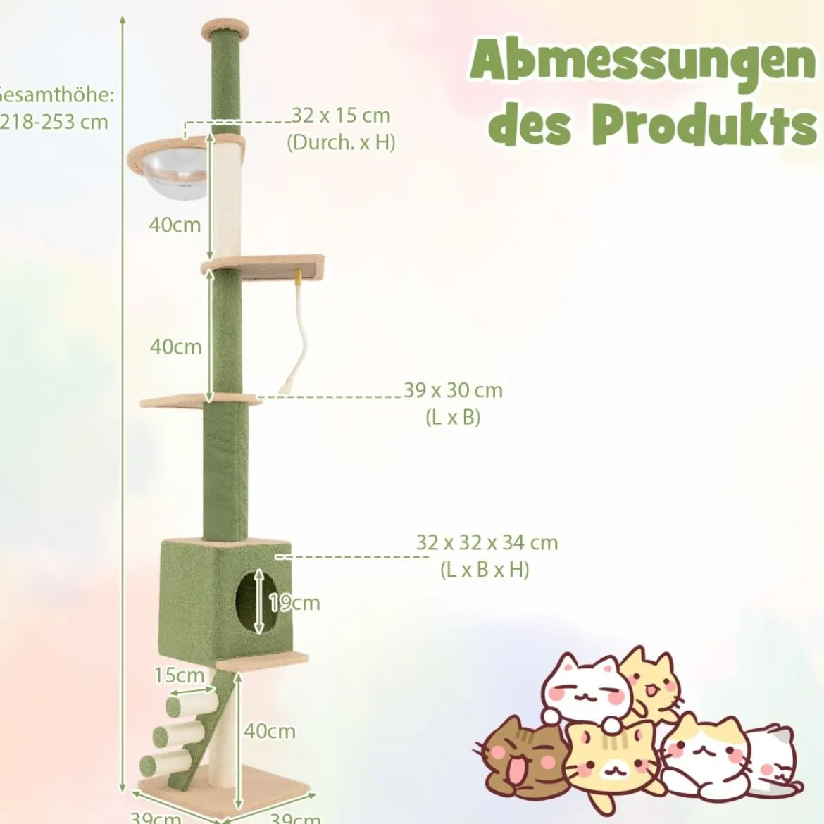 Deckenhoch Kratzbaum 5-stöckiger Katzenbaum mit Katzenhöhle & Raumkapsel 218-253 cm