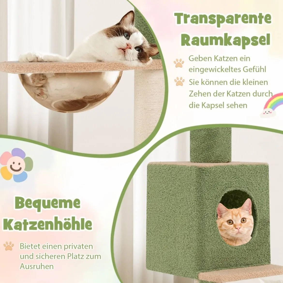 Deckenhoch Kratzbaum 5-stöckiger Katzenbaum mit Katzenhöhle & Raumkapsel 218-253 cm