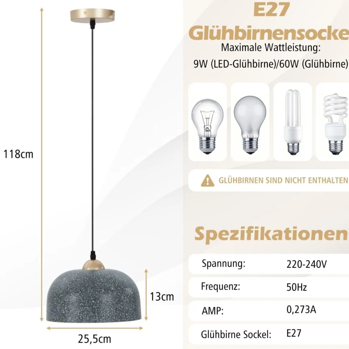 Deckenleuchte mit Verstellbarem Hängekabel & E27 Sockel Pendelleuchte Hängelampe Grau