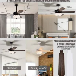 Deckenventilator mit Fernbedienung 132 cm Durchmesser Deckenlüfter mit 2 Stäben Schwarz