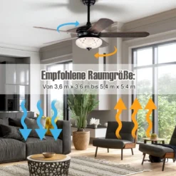Deckenventilator mit Fernbedienung 132 cm Durchmesser Deckenlüfter mit 2 Stäben Schwarz