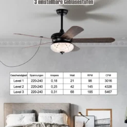 Deckenventilator mit Fernbedienung 132 cm Durchmesser Deckenlüfter mit 2 Stäben Schwarz