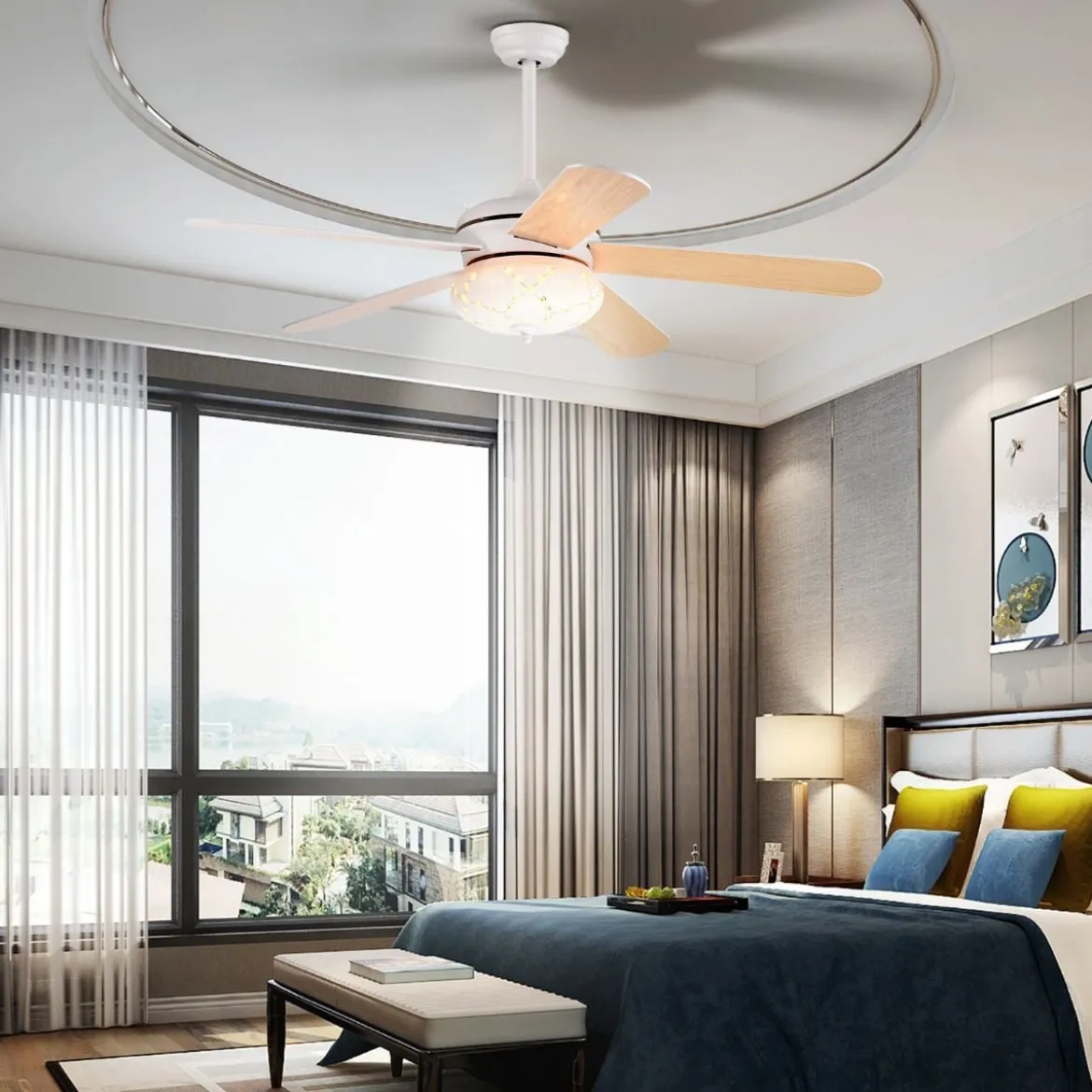 Deckenventilator mit Fernbedienung 132 cm Durchmesser Deckenlüfter mit 2 Stäben Weiß
