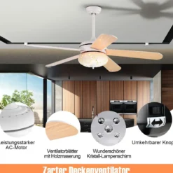 Deckenventilator mit Fernbedienung 132 cm Durchmesser Deckenlüfter mit 2 Stäben Weiß