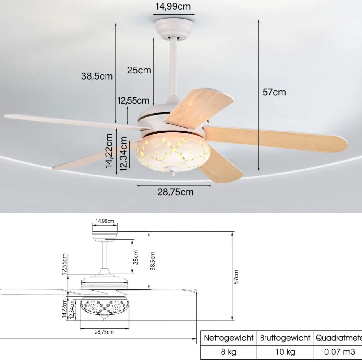 Deckenventilator mit Fernbedienung 132 cm Durchmesser Deckenlüfter mit 2 Stäben Weiß